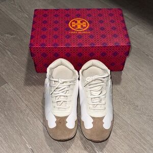 Tory Burch White and Brown Suede-Trim Lace Up Sneakers